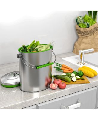 Stainless Steel Compost Bin 1.6 Gallon Includes AbsorbX Odor Filter System, Pest-Proof, Titanium Rust-Free Space-efficient Slim Oval Shape 6 Liter Kitchen Countertop Trash Can