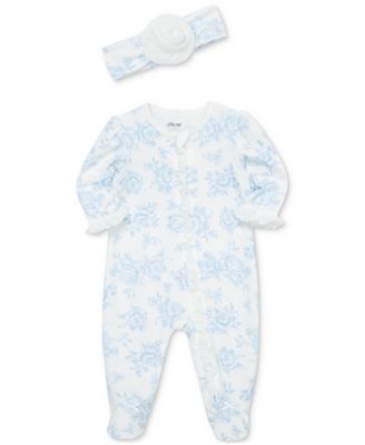 Baby Girls Cotton Blue Roses Footie & Headband Set