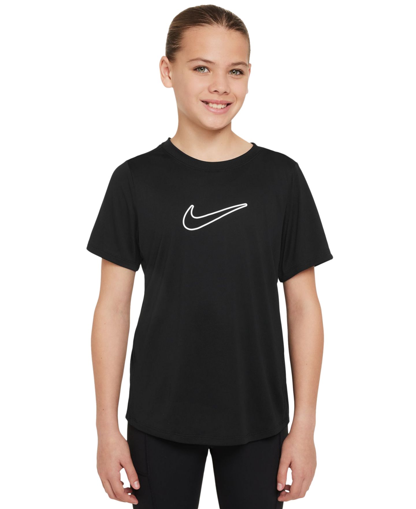 Детский облегающий топ Nike One Dri-FIT с коротким рукавом, для девочки, цвет: Чёрный / Белый — фото 1