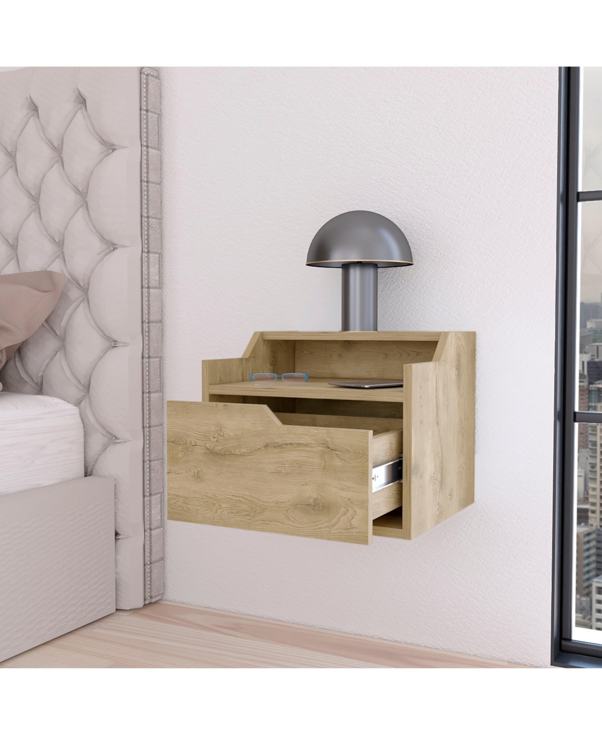 Fm Furniture Florence Floating Nightstand with Drawer and Dual-Shelf Display