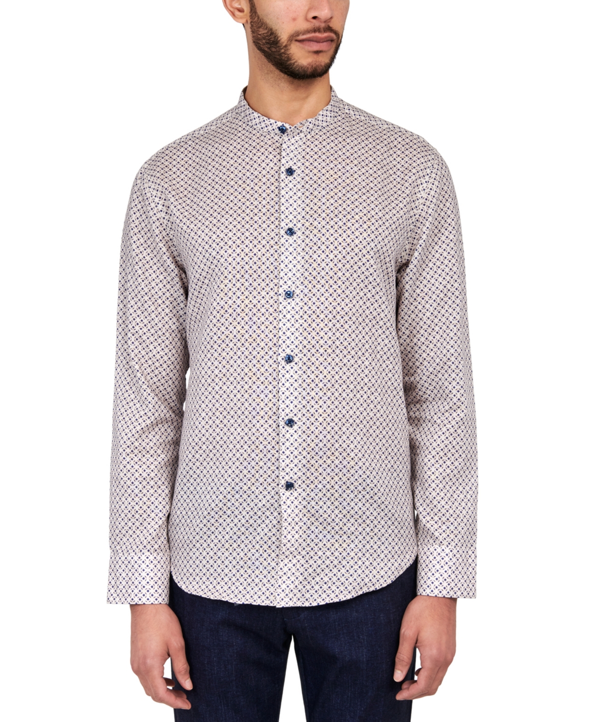 Men's Dumbo Moisture-Wicking Interlocking Geo-Print Button-Down Mandarin Shirt - Tan/blue