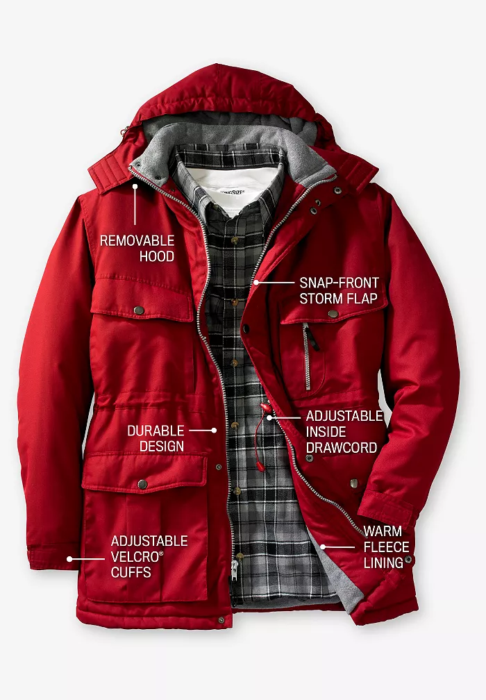 Big & Tall by KingSize Fleece-Lined Parka With Detachable Hood And 6 Pockets - thumbnail 5
