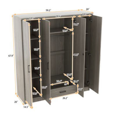 4-Door Wardrobe with 1 Drawer, Gray