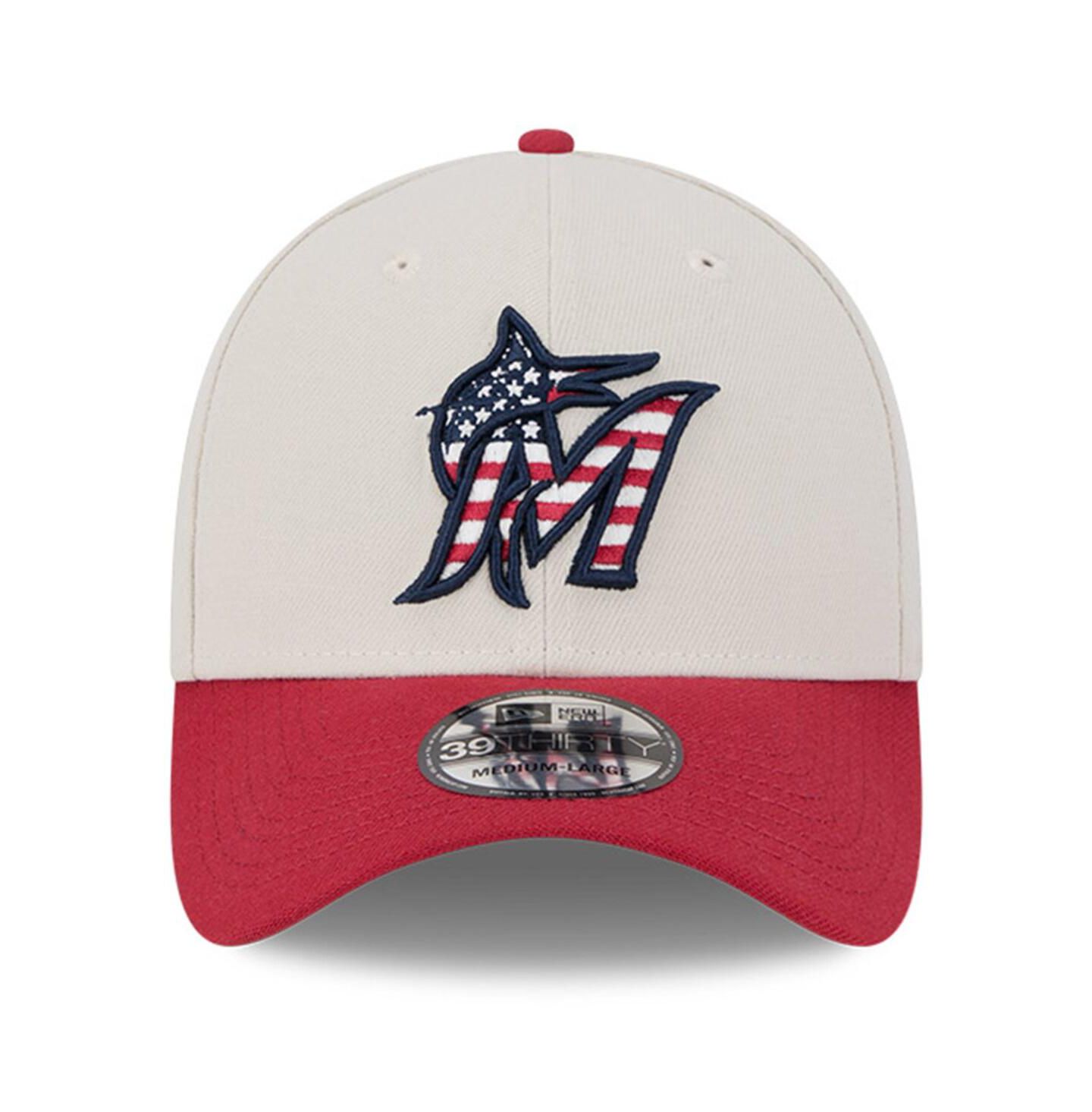 Мужская кепка New Era Red Miami Marlins 2024 Fourth of July 39THIRTY Flex Hat — фото 3