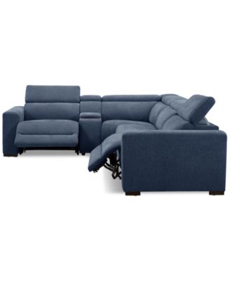 Nevio 5-Pc. Fabric Power Headrest L-Shape Sectional and Console with 2 Power Motion Chairs