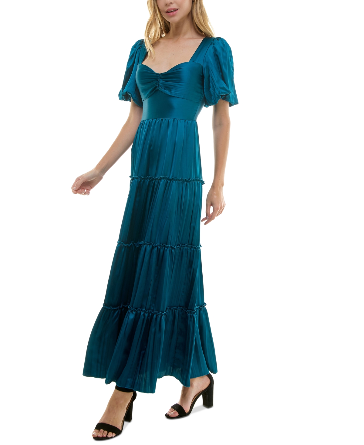 Crystal Doll Juniors' Puff-Sleeve Crinkle Satin Dress