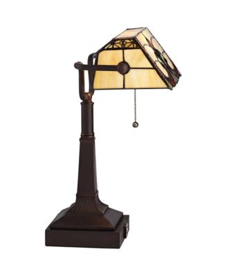 Traditional Piano Banker Desk Table Lamp 17" High with AC Power Outlet Bronze Floral Art Glass Bedroom Office