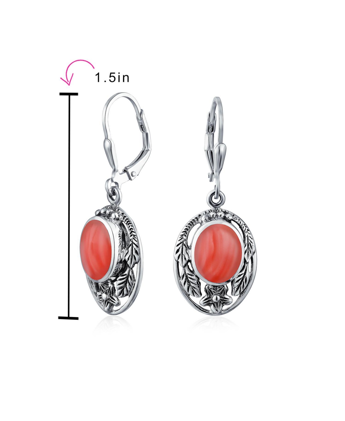 Bling JewelryOval Flower Leaf Carved Synthetic Coral Dangle Lever back Earrings For Women Oxidized Sterling Silver - Pink