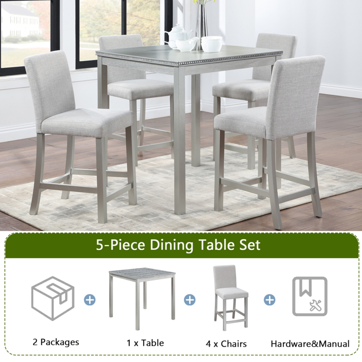 Streamdale Furniture Elegant Wooden 5-Piece Counter Height Dining Set with Upholstered Chairs