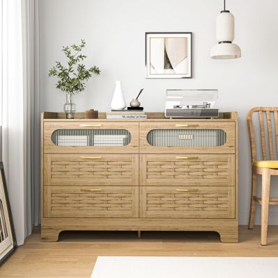 Elegant 6-Drawer Dresser with Woven Wood Cabinet Top and Gold Handles