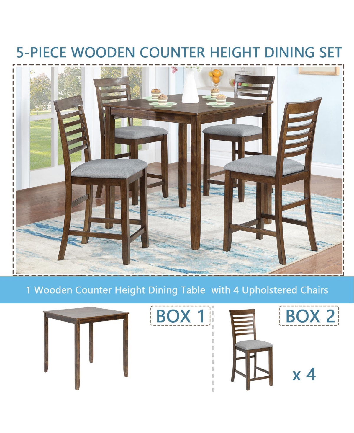 Streamdale Furniture Elegant 5-Piece Solid Wood Counter Height Dining Table Set with Upholstered Chairs