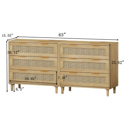 Modern 3-Drawer Oak Rattan Storage Cabinet (Set of 2)