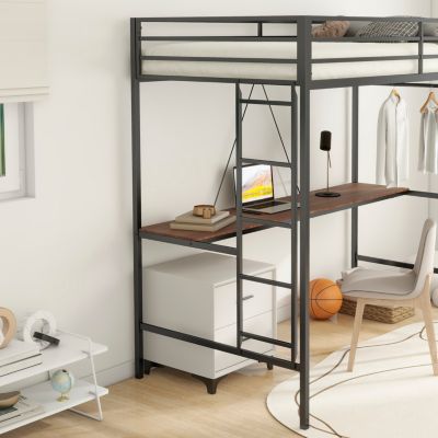  Adam Twin Loft Bunk Black with Cinnamon Wood Desk and Closet Rod