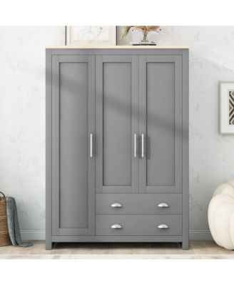 Streamdale Three Door Storage Wardrobe with Cabinets and Two Hanging Rods, Gray