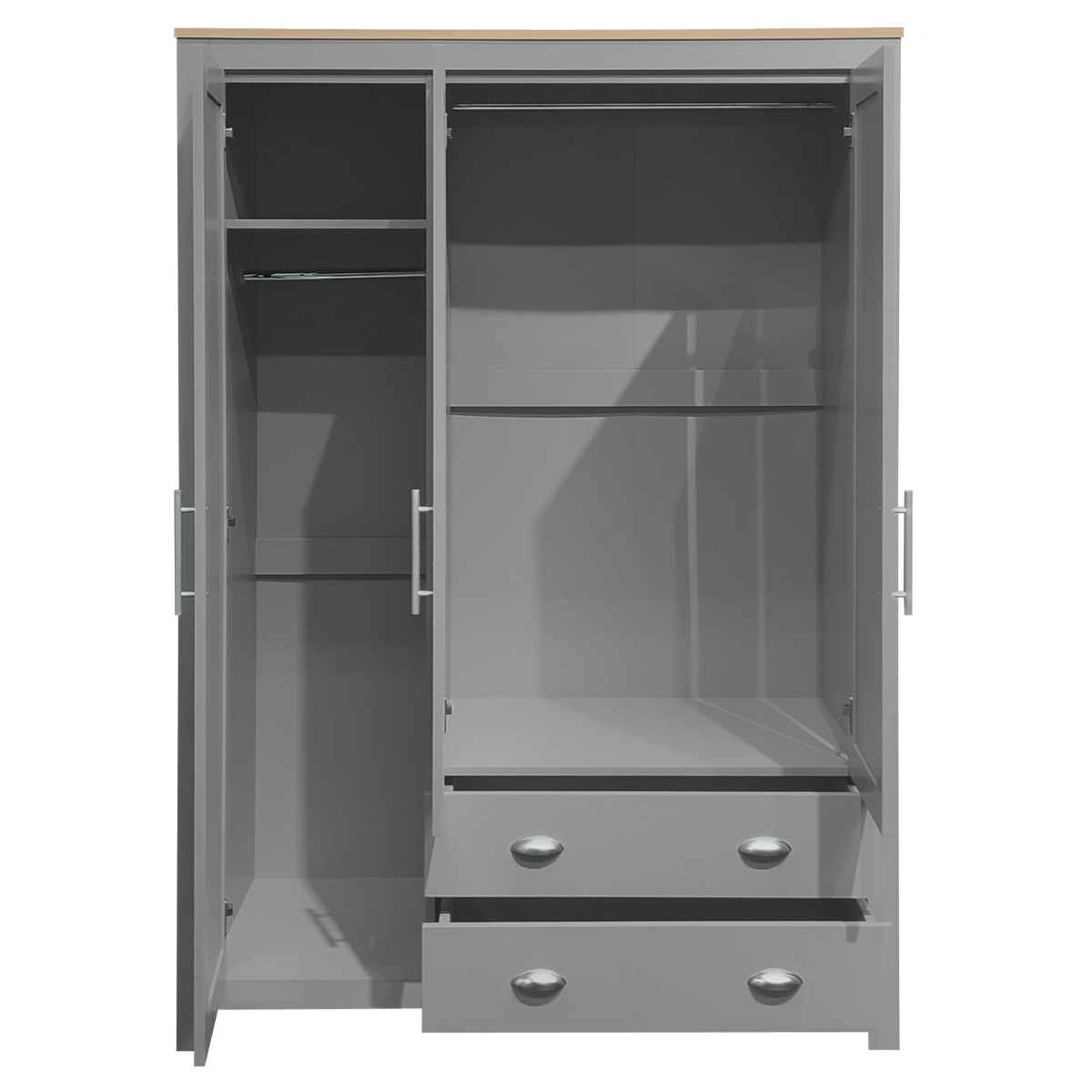 Streamdale Three Door Storage Wardrobe with Cabinets and Two Hanging Rods, Gray