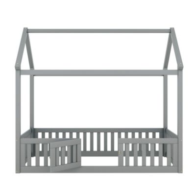 Streamdale Twin Size Wood House Bed with Fence and Door, Gray