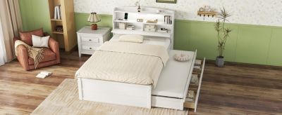 Streamdale Full-Size LED Bed with Trundle and Storage Headboard