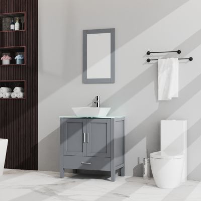 Streamdale 30" Bathroom Vanity and Sink Combo Glass Top Cabinet w/Mirror, Gray
