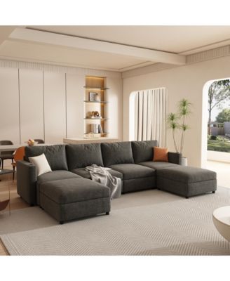 Streamdale 6-Piece Chenille & Wood Sectional Sofa – Modular Design, Storage Seats, Ottoman Options, U-Shaped Sleeper Sofa