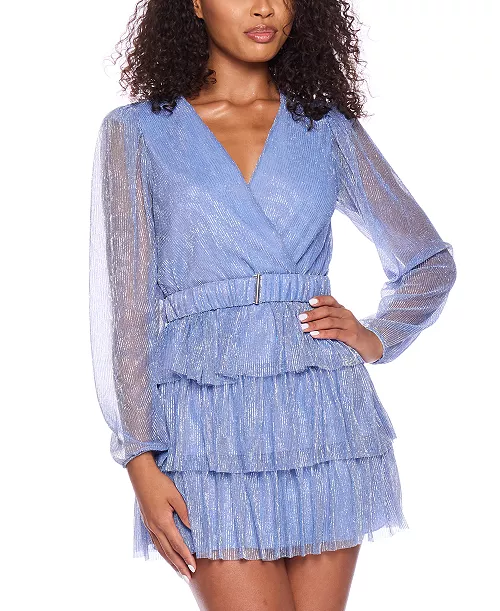 juniors' metallic v-neck belted tiered dress