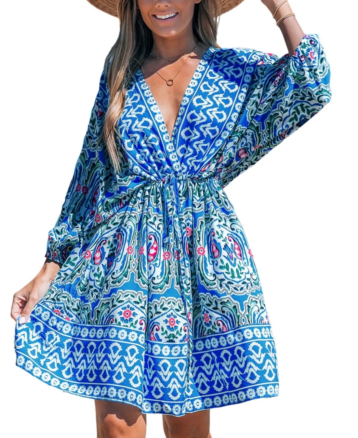 Women's Boho V-Neck Puff Sleeve Mini Beach Dress - Medium blue