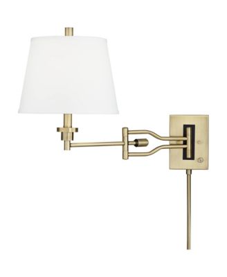 Eleganta Swing Arm Wall Lamp with Cord Cover Brushed Satin Brass Plug-in Light Fixture White Linen Empire Shade for Bedroom Living Room