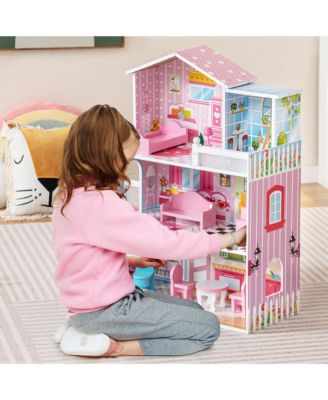 Kids Wooden Dollhouse Playset with 5 Simulated Rooms & 10 Pieces of Furniture