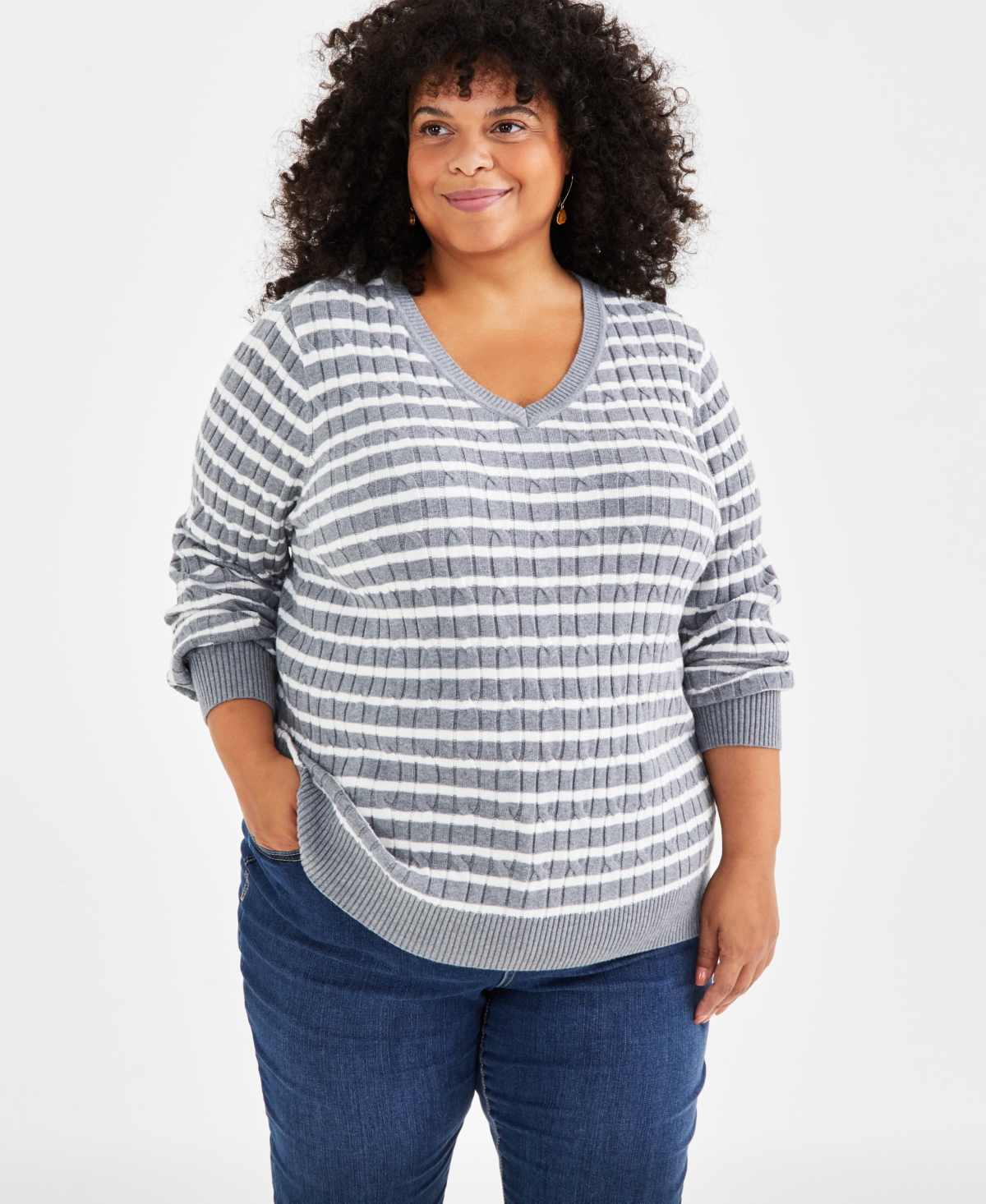 Style & Co Plus Size Cotton Striped Cable-Knit V-Neck Sweater, Created for Style & Co