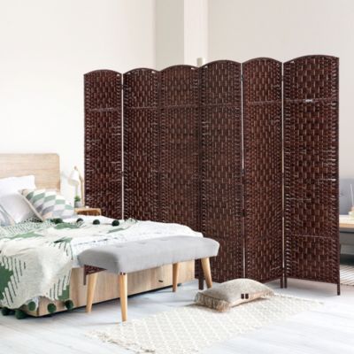 Folding 6-Panel Wicker Room Divider with Poplar Wood Frame and Dual Hinges, 106.3"x70.9"
