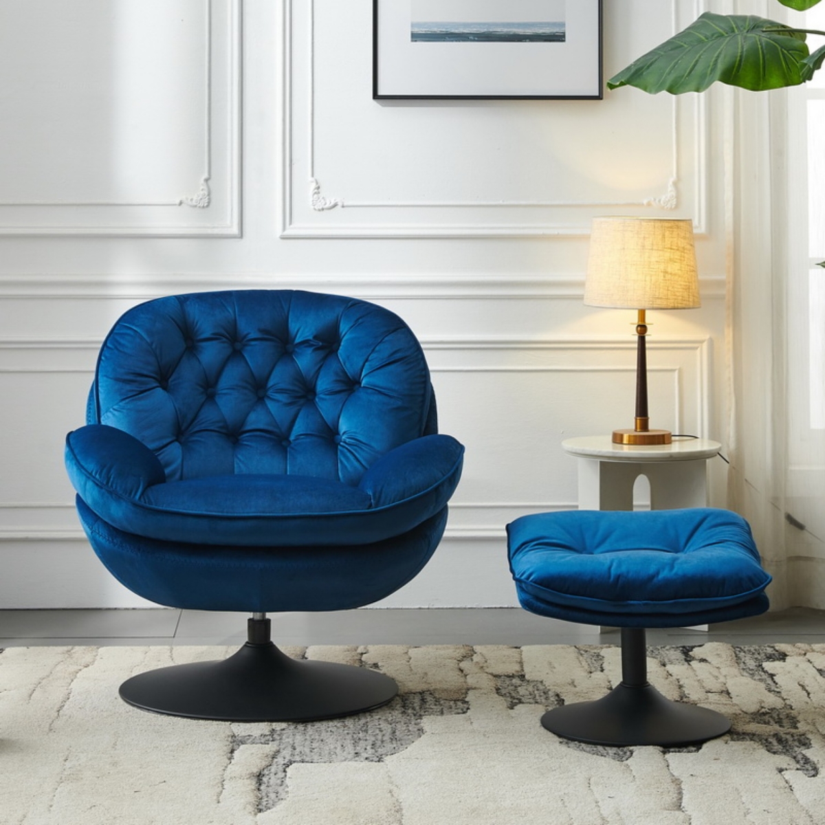 Streamdale Furniture Swivel Leisure chair lounge chair velvetcolor with ottoman - Blue