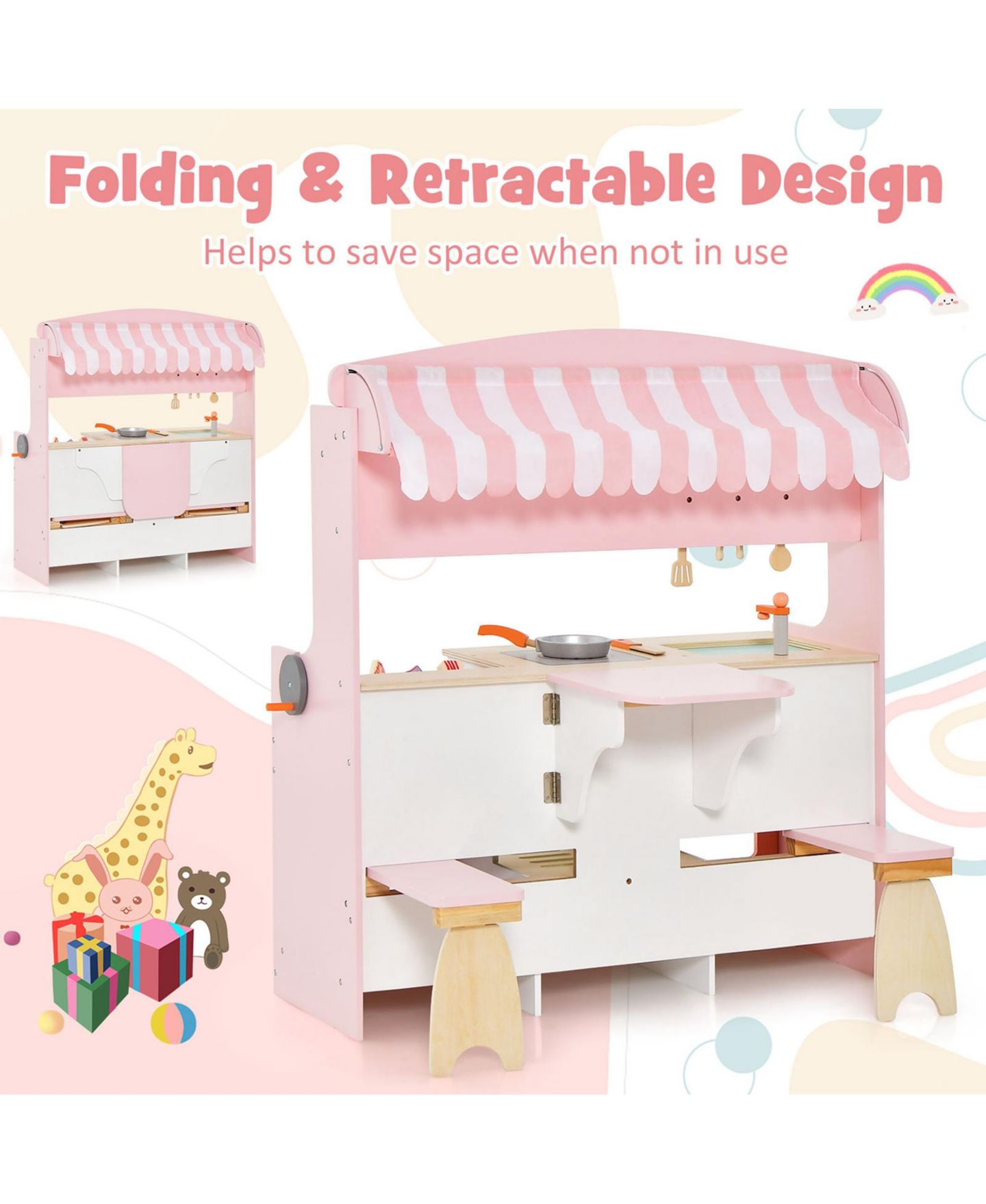 Детский игровой набор Costway 2-in-1 Play Kitchen & Restaurant Playset with Canopy, Ages 3+, цвет: Розовый — фото 8