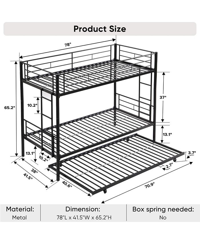 Mondawe Over Twin Bunk Bed Frame with Trundle,Metal Bunkbed with Sturdy Guard Rail and 2 Side