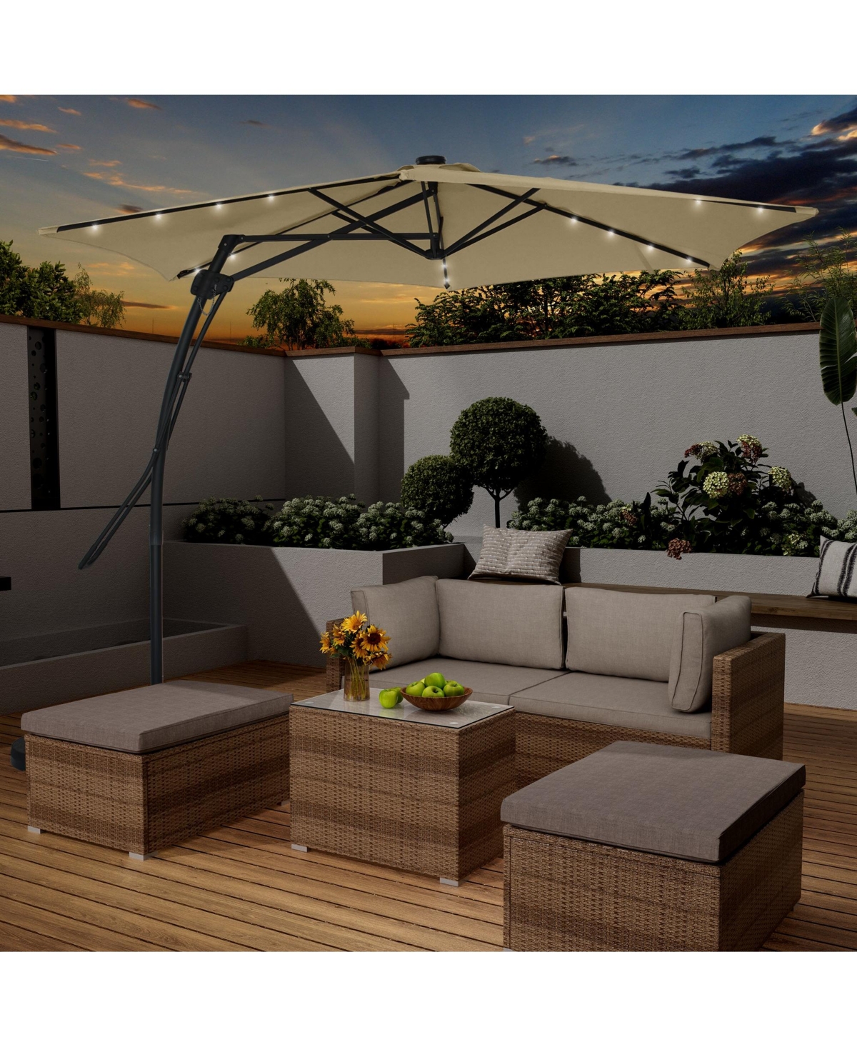 Mondawe ft. Square Cantilever Outdoor Market Umbrella with 360-Degree Rotating Foot Pedal and 24 Light Beads