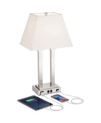 Amity Modern Table Lamp 26" High Brushed Nickel with USB and AC Power Outlet in Base White Linen Shade for Bedroom Bedside Desk