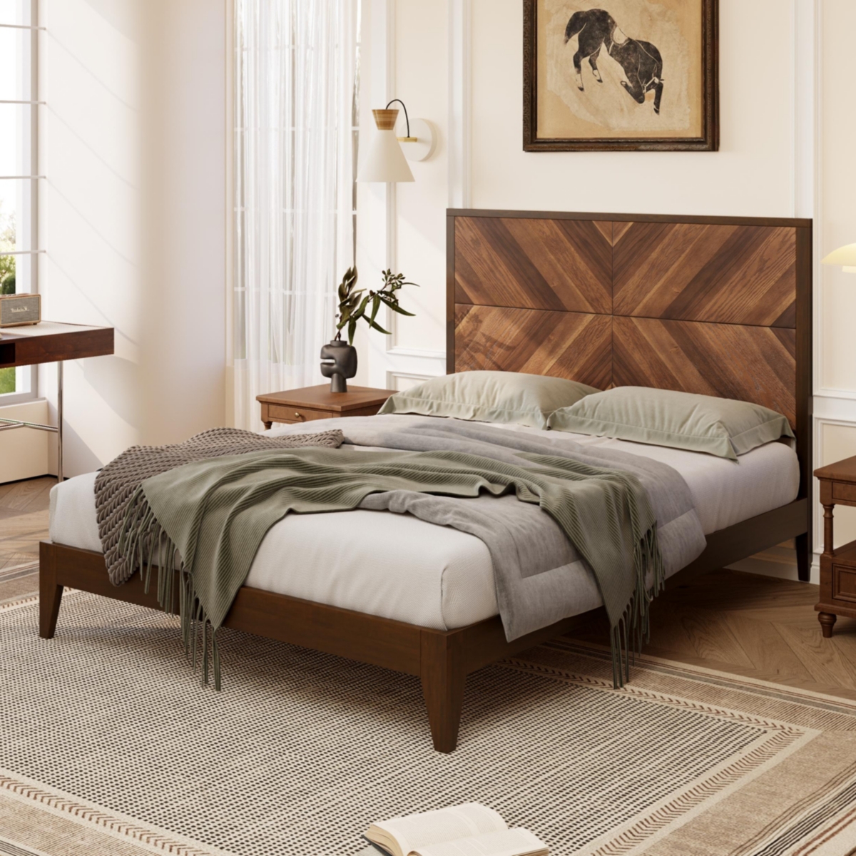 Streamdale Furniture Mid-Century Modern Platform Bed Wood Slat Support with No Box Spring Needed, Queen,- Walnut