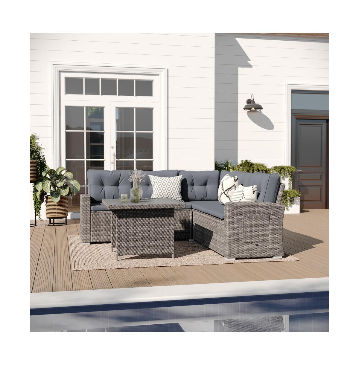 Merrick Lane Shelton Indoor/Outdoor L-Shaped Sofa/Dining Table Conversation Set With Wicker Rattan Construction And Weather-Resistant Cushions - Gray