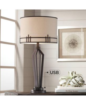 Picket Industrial Table Lamp 28" Tall Oil Rubbed Bronze with USB Charging Port Oatmeal Fabric Drum Shade for Bedroom Living Room