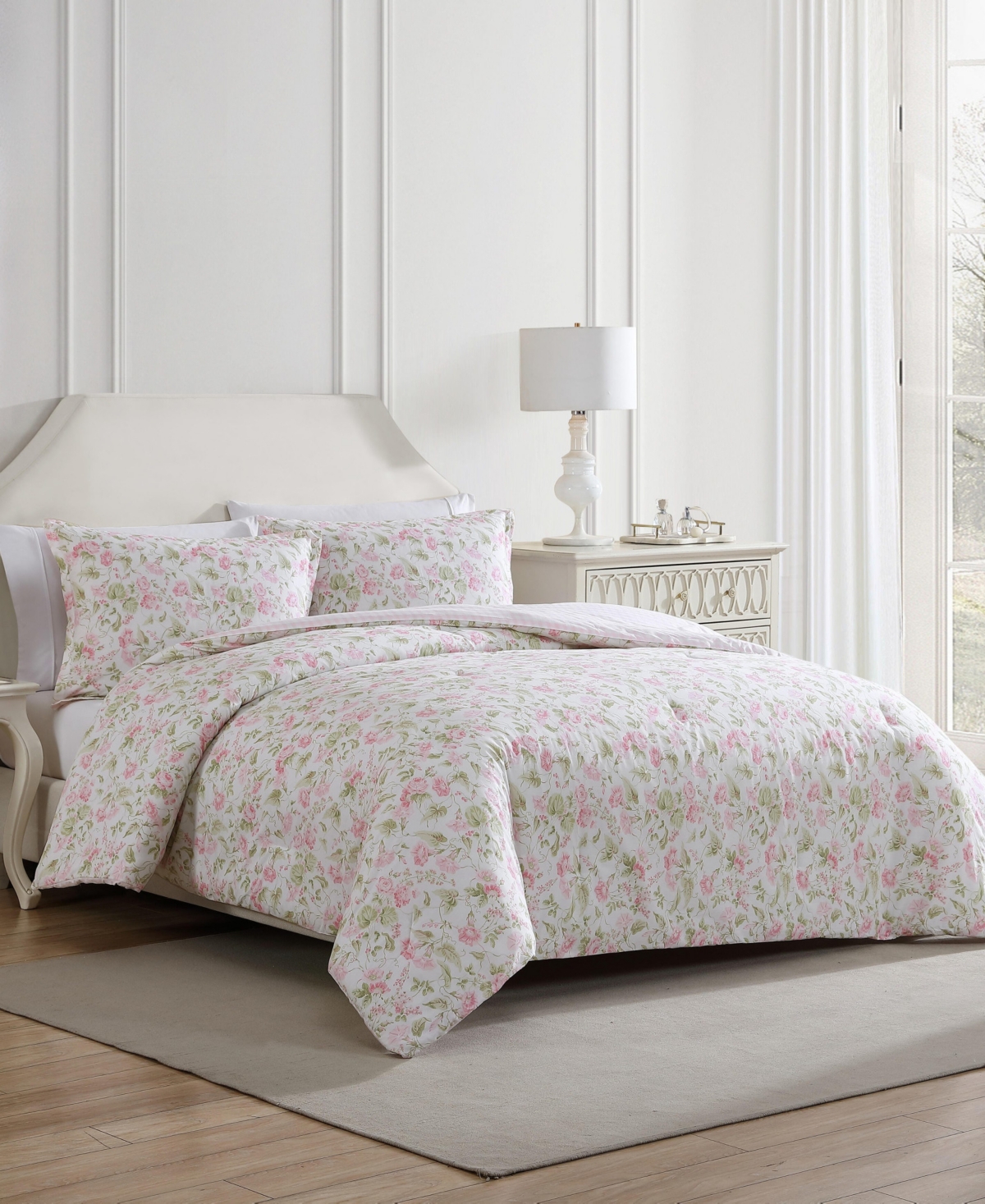 Laura Ashley Morning Gloria Reversible 3 Piece Comforter Set, Full/queen In Pretty Pink,green