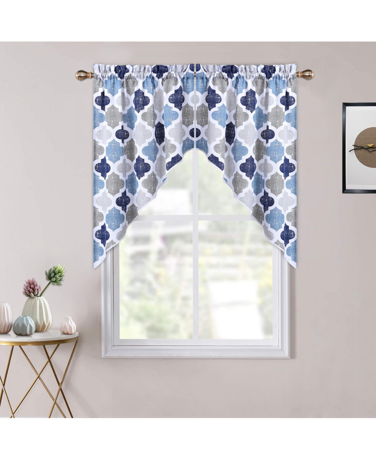 Geometric Quatrefoil Cotton Blend Kitchen Swag Valance Curtain Pair, 56" x 36" - Navy/blue/grey