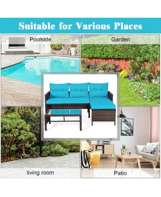 3 Pieces Outdoor Patio Corner Rattan Sofa Set-Turquoise