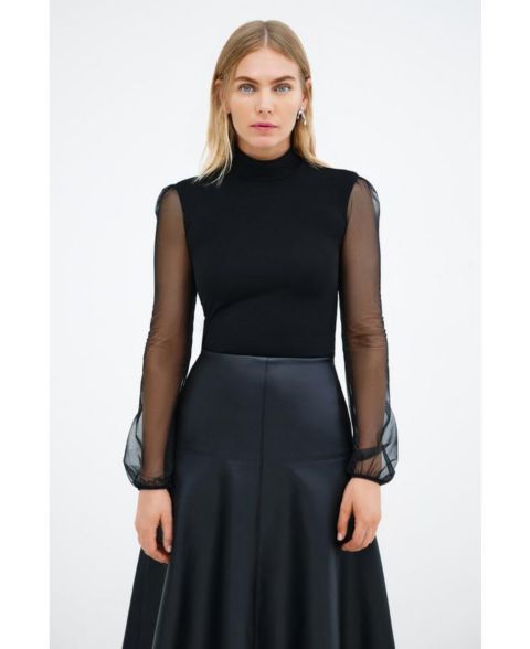 Женский топ Marcella Liv Fitted Mock-Neck Mesh-Sleeve, цвет: Чёрный