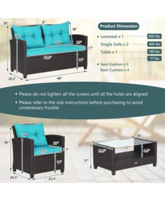 4 Pieces Patio Rattan Conversation Furniture Set with Glass Top Coffee Table