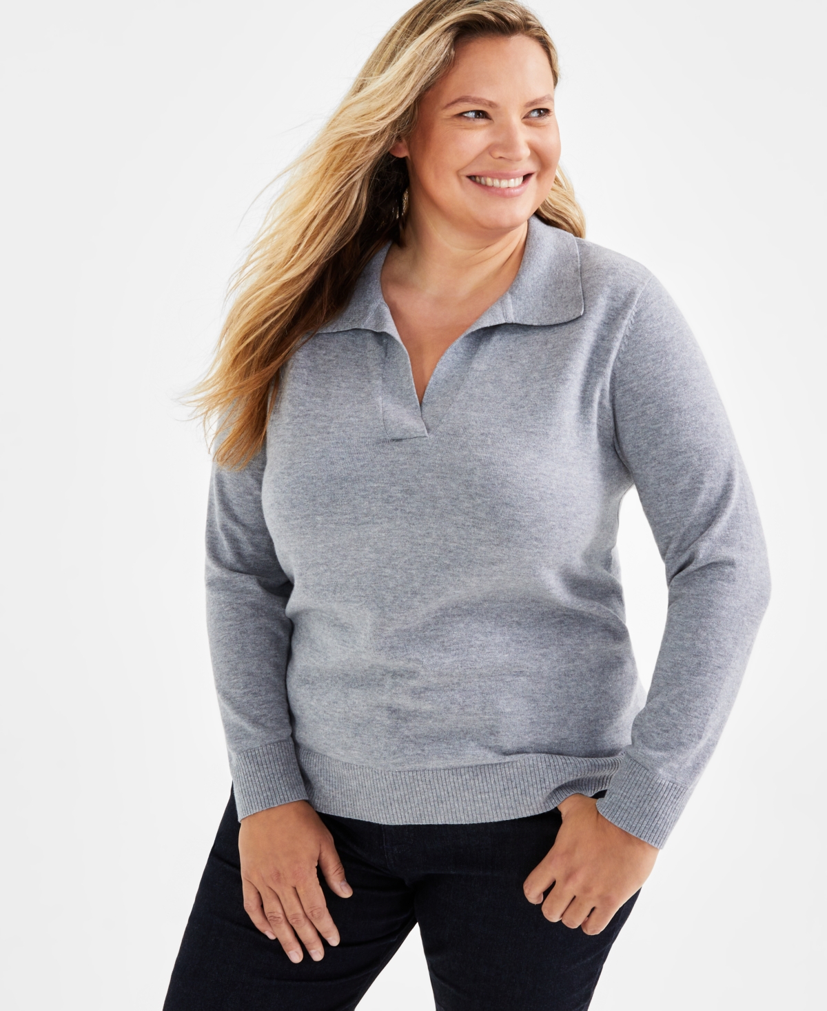 Style & Co Plus Size Johnny-Collar Pullover Sweater, Created for Macy's