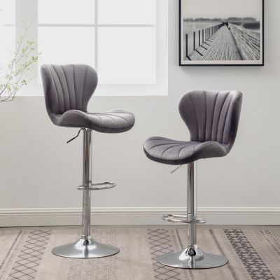 Upholstered Adjustable Swivel Barstools in Gray, Set of 2
