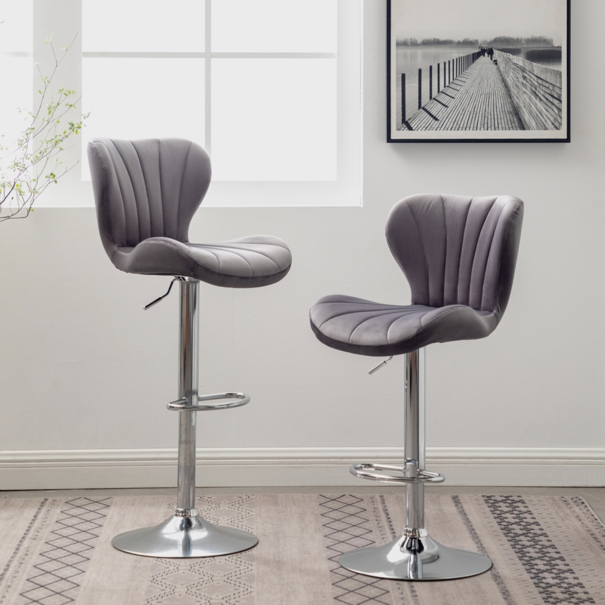 Streamdale Furniture Upholstered Adjustable Swivel Barstools in Gray, Set of 2