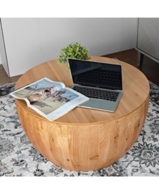 Retro Barrel Coffee Table with Storage, Solid Wood and MDF
