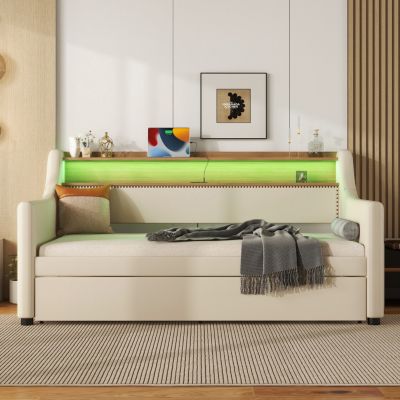 Twin Daybed with Trundle, Charging Station, and LED Lights
