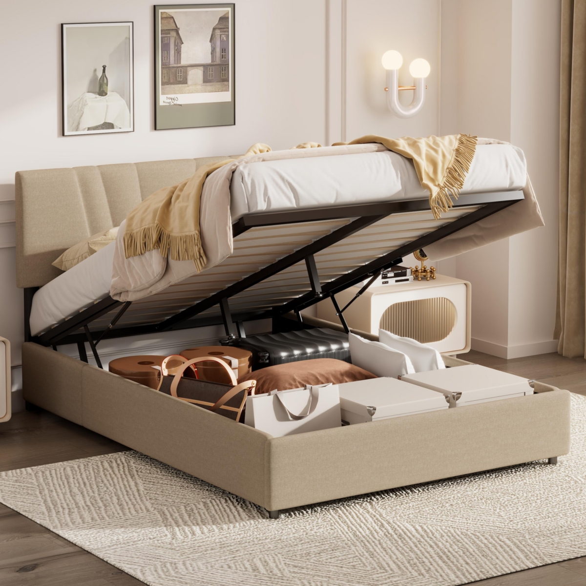 Streamdale Furniture Upholstered Platform Bed with Lifting Storage, Size Bed Frame with Storage and Tufted Headboard, Wooden Platfor