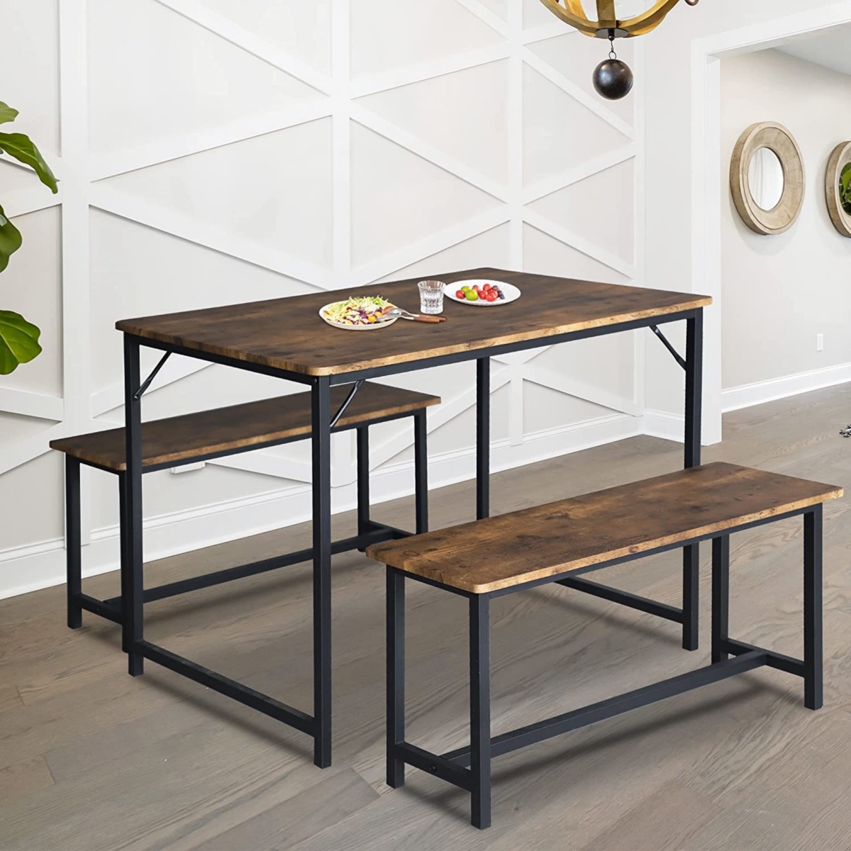 Streamdale Furniture Industrial 3-Piece Dining Table Set with Foldable Benches for Small Spaces