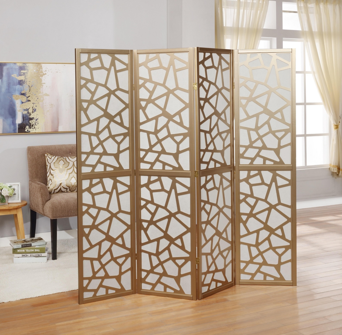 Giyano 4 Panel Screen Room Divider, Gold - Gold